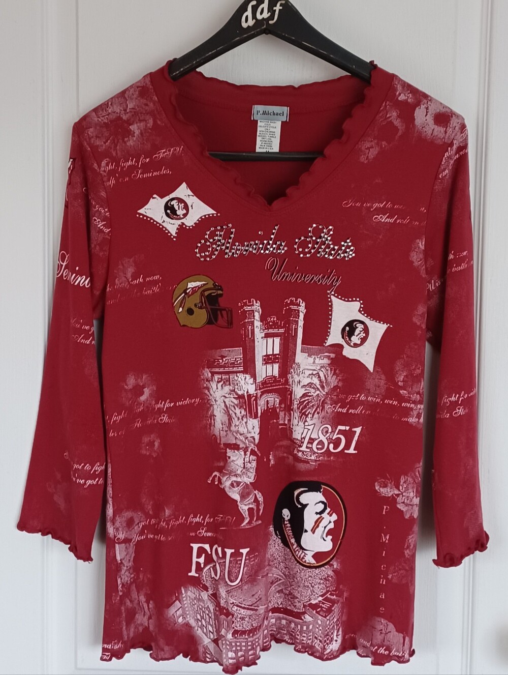P. MICHAEL 3/4 SLEEVE 100% COTTON CAMPUS PRINT FLORIDA STATE UNIVERSITY MED TOP